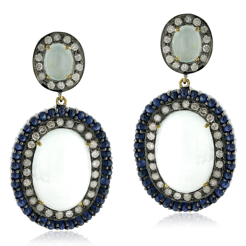 Aquamarine Sapphire Pave Diamond Dangle Earrings 18k Gold Silver Jewelry