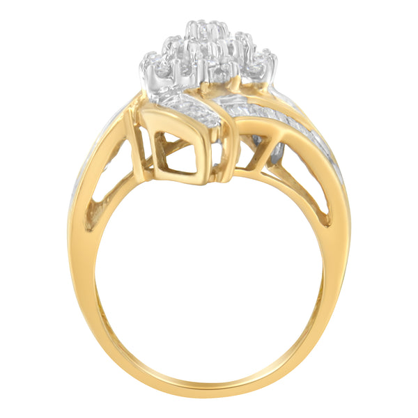 10K Yellow Gold Round and Baguette-Cut Diamond Bypass Cluster Ring (1.0 Cttw, I-J Color, I1-I2 Clarity) - Size 8