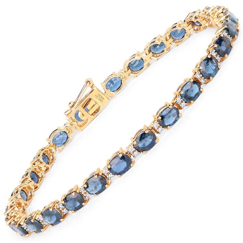 12.97 Carat Genuine Blue Sapphire and White Diamond 14K Yellow Gold Bracelet