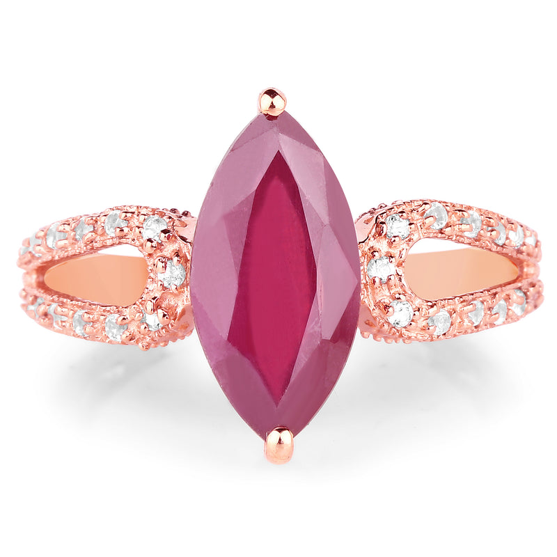 14K Rose Gold Plated 5.11 Carat Glass Filled Ruby and White Topaz .925 Sterling Silver Ring