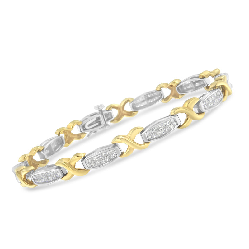 Two-Tone 14K Yellow & White Gold 2.0 Cttw Princess-Cut Diamond Tapered and X-Link Tennis Bracelet (G-H Color, SI1-SI2 Clarity) - 7-¼”