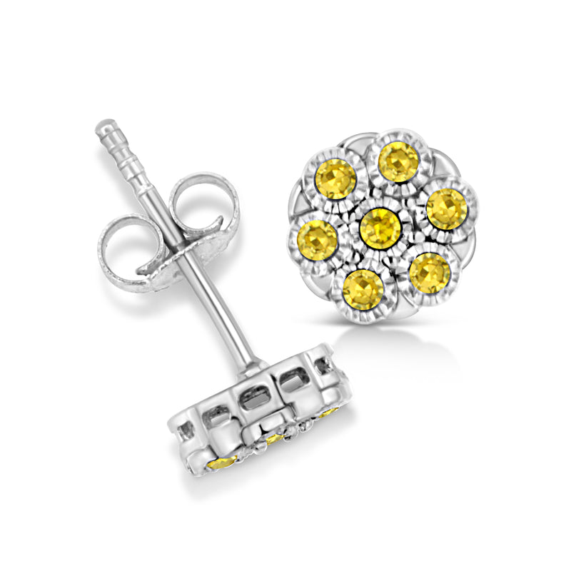 .925 Sterling Silver 1/4 Cttw Yellow Color Treated Diamond Cluster Flower Earrings (Yellow Color, I2-I3 Clarity)