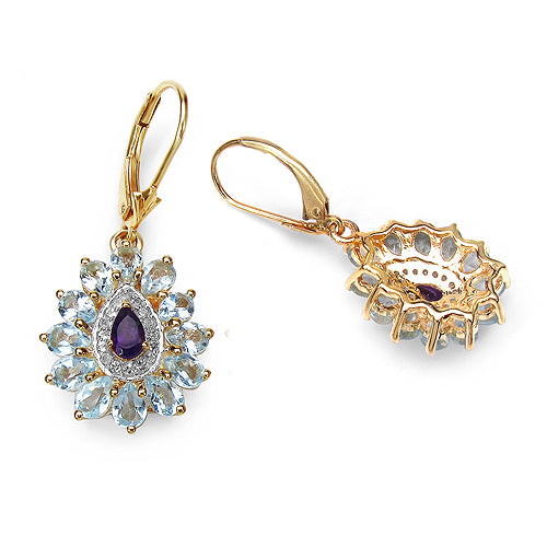 14K Yellow Gold Plated 4.92 Carat Genuine Amethyst, Blue Topaz & White Topaz .925 Sterling Silver Earrings