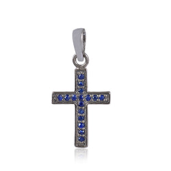 0.21ct Sapphire Religious Cross Charm Pendant 925 Sterling Silver Jewelry