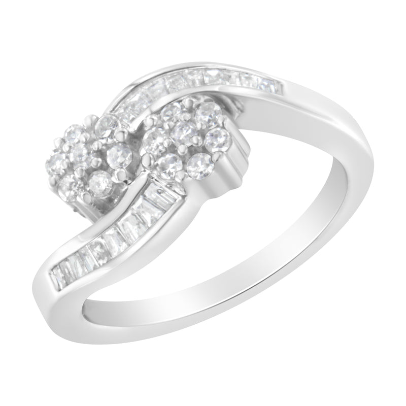 14K White Gold Round and Baguette Diamond Bypass Ring (1/2 cttw, H-I Color, I1-I2 Clarity) - Ring Size 6