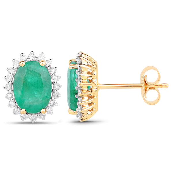 2.75 Carat Genuine Zambian Emerald and White Diamond 14K Yellow Gold Earrings