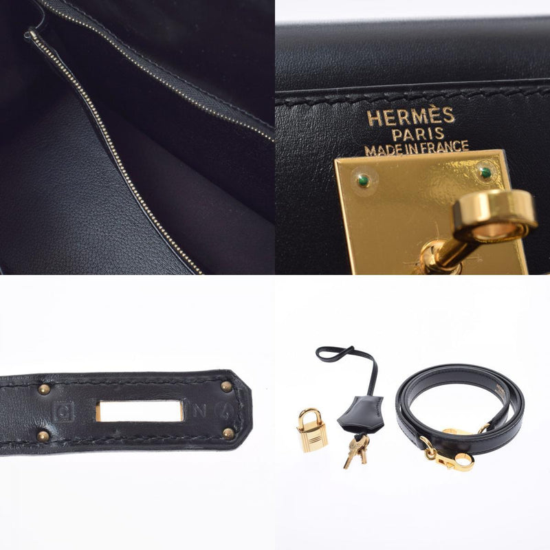 HERMES Hermes Kelly 28 outer stitch black  C engraved (around 1999) Ladies BOX calf handbag
