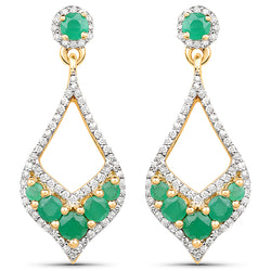 1.06 Carat Genuine Emerald and White Diamond 14K Yellow Gold Earrings