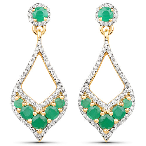 1.06 Carat Genuine Emerald and White Diamond 14K Yellow Gold Earrings