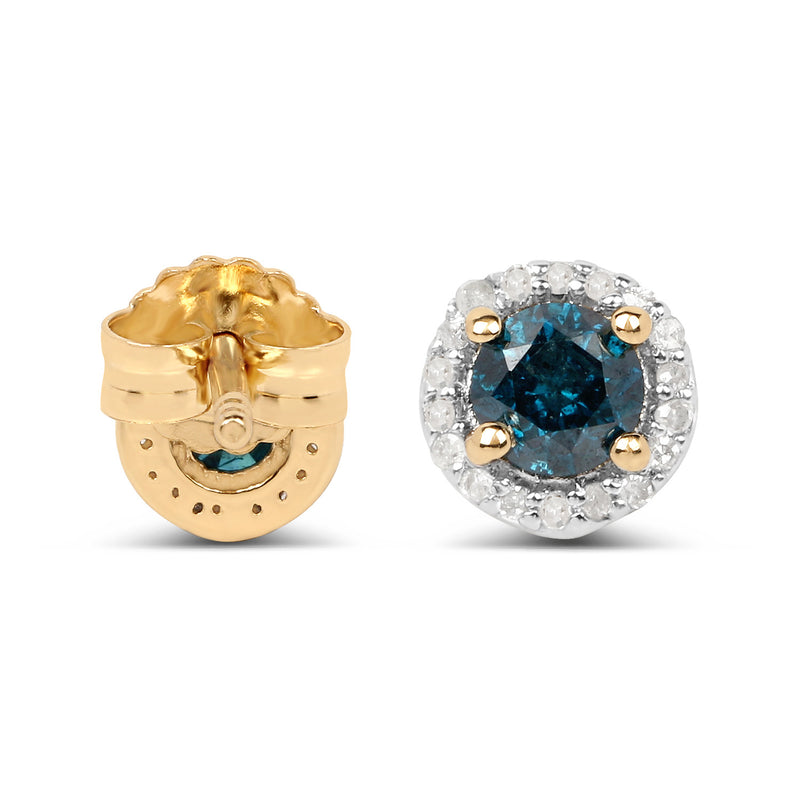 14K Yellow Gold Plated 0.65 Carat Genuine Blue Diamond and White Diamond .925 Sterling Silver Earrings