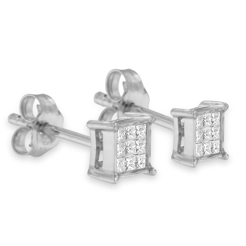 Sterling Silver Multi-stone Princess-cut Diamond Stud Earring (0.2 cttw, H-I Color, I1-I2 Clarity)