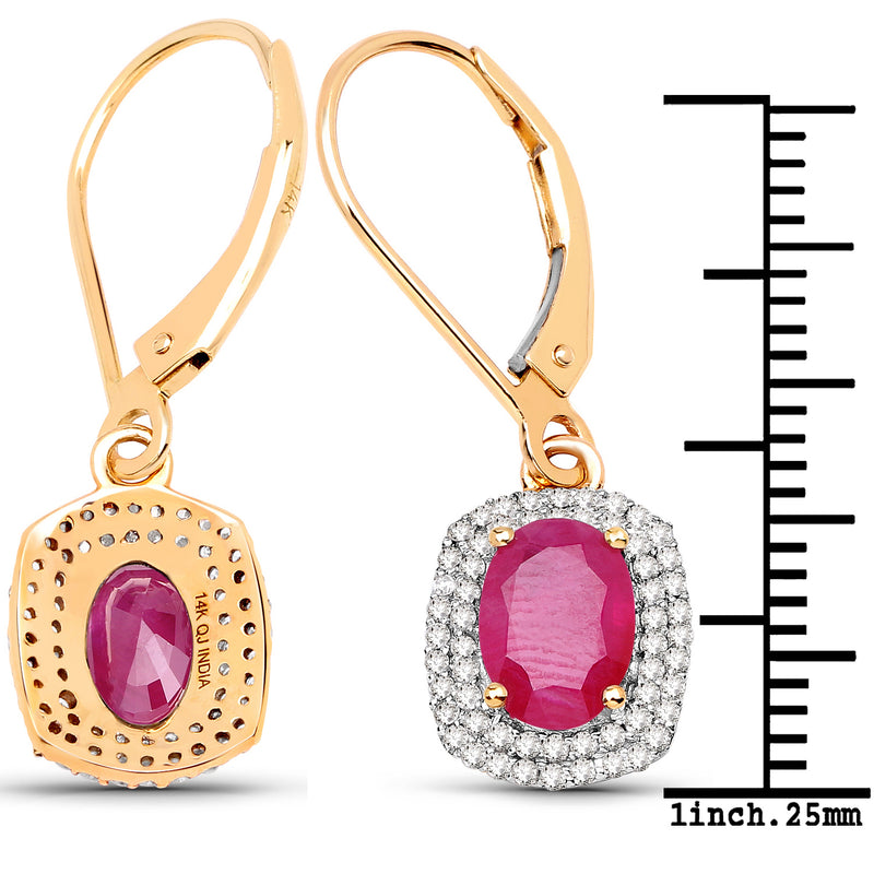 2.26 Carat Genuine Ruby and White Diamond 14K Yellow Gold Earrings