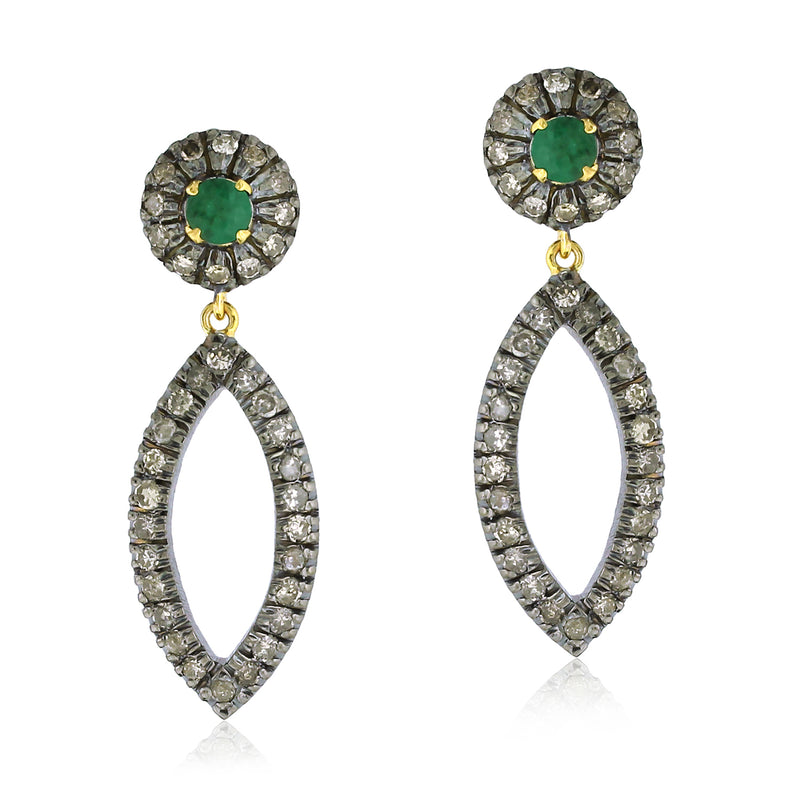 Diamond 18k Gold Sterling Silver Emerald Marquise Shaped Dangle Earrings