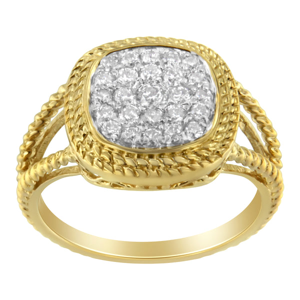 10K Yellow Gold Plated .925 Sterling Silver 1/2 Cttw Diamond Square Cushion Cluster Split Shank Cocktail Ring (J-K Color, I2-I3 Clarity) - Size 7