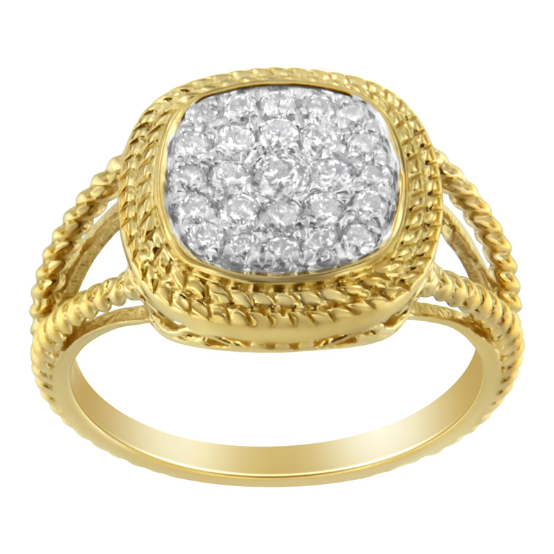 10K Yellow Gold Plated .925 Sterling Silver 1/2 Cttw Diamond Square Cushion Cluster Split Shank Cocktail Ring (J-K Color, I2-I3 Clarity) - Size 8