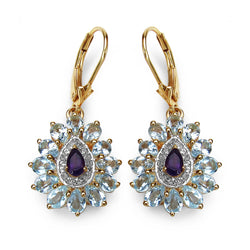 14K Yellow Gold Plated 4.92 Carat Genuine Amethyst, Blue Topaz & White Topaz .925 Sterling Silver Earrings