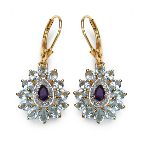 14K Yellow Gold Plated 4.92 Carat Genuine Amethyst, Blue Topaz & White Topaz .925 Sterling Silver Earrings