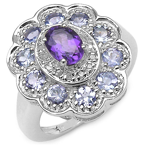 1.87 Carat Genuine Amethyst, Tanzanite & White Topaz .925 Sterling Silver Ring