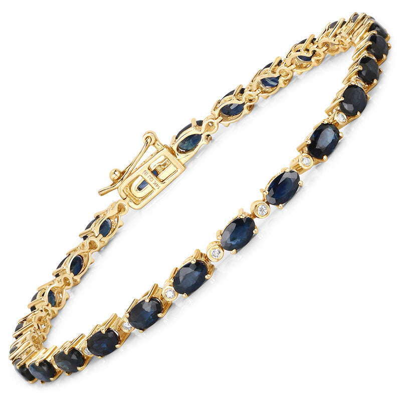 5.70 Carat Genuine Blue Sapphire and White Diamond 14K Yellow Gold Bracelet