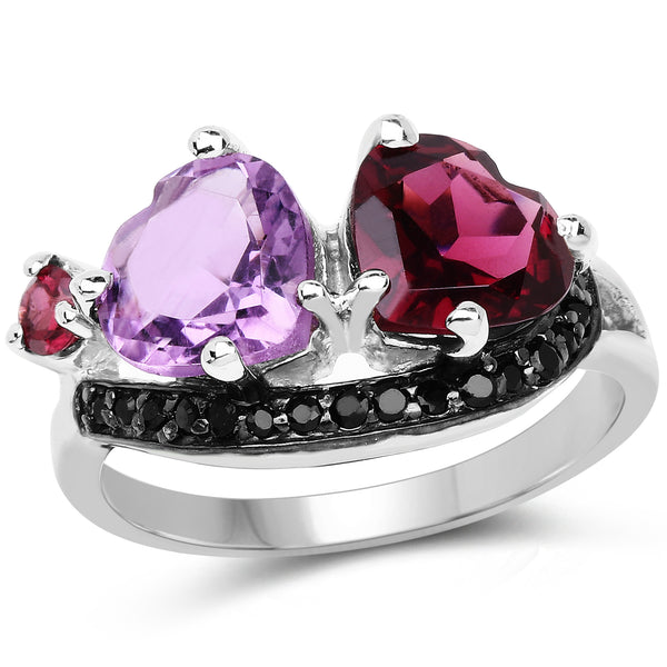 4.07 Carat Genuine Amethyst, Rhodolite & Black Spinel .925 Sterling Silver Ring