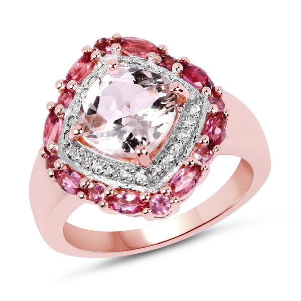 14K Rose Gold Plated 3.11 Carat Genuine Morganite, Pink Tourmaline & White Topaz .925 Sterling Silver Ring