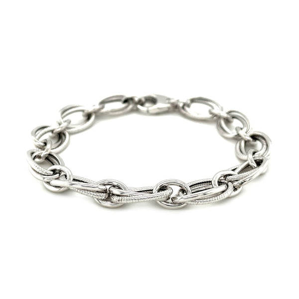 Polished and Textured Oval Link Bracelet in Sterling Silver