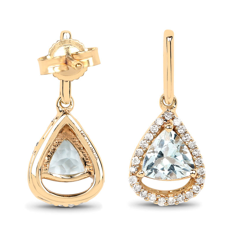 1.05 Carat Genuine Aquamarine and White Diamond 14K Yellow Gold Earrings