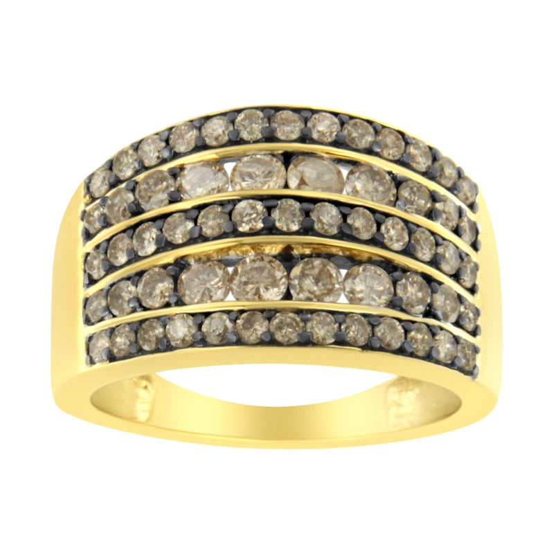 10K Yellow Gold Over .925 Sterling Silver 1 1/2 cttw Black Rhodium Shared-Prong Round-Cut Diamond 5 Row Band Ring (J-K Color, I1-I2 Clarity) - Size 7