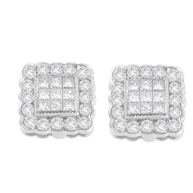 14K White Gold 1.0 Cttw Round Brilliant & Princess Cut Diamond Scallop-Edge Framed Square Halo Stud Earrings (G-H Color, SI1-SI2 Clarity)