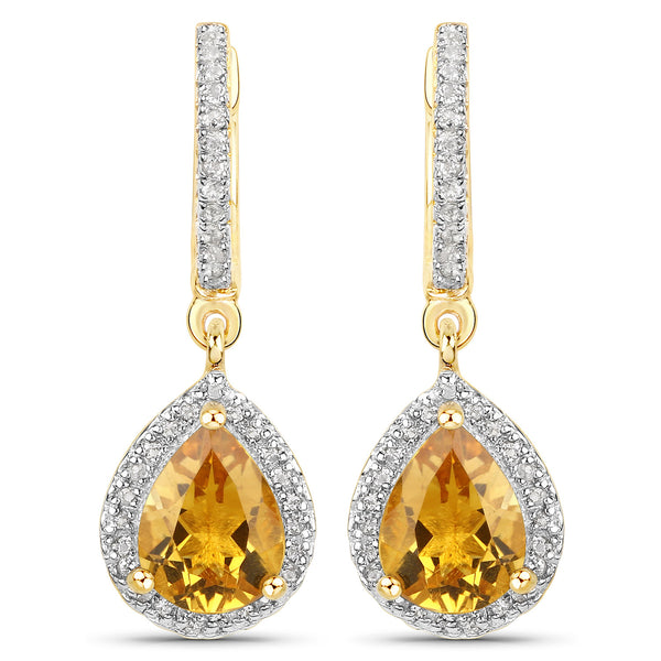 18K Yellow Gold Plated 2.09 Carat Genuine Citrine and White Topaz .925 Sterling Silver Earrings