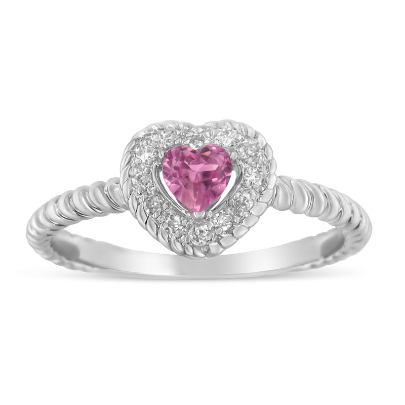 .925 Sterling Silver 4MM Pink Sapphire Heart and Diamond Accent Heart Ring (I-J Color, I2-I3 Clarity) - Size 6