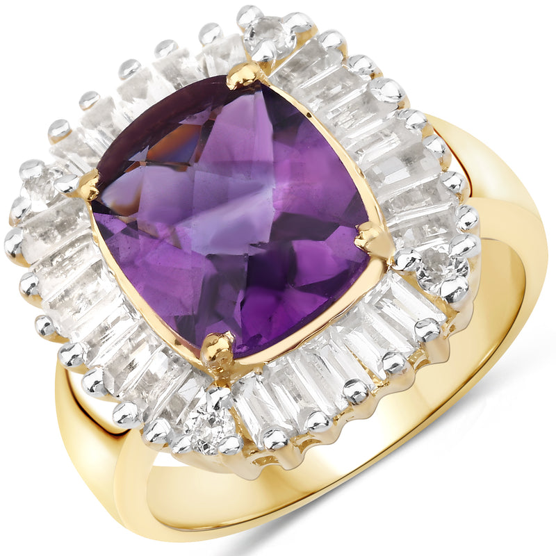 14K Yellow Gold Plated 4.78 Carat Genuine Amethyst and White Topaz .925 Sterling Silver Ring