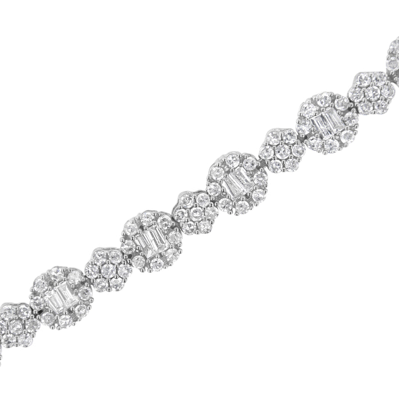 10K White Gold 4.0 cttw Brilliant Round-cut and Baguette Diamond Floral Cluster Link Bracelet (I-J Clarity, I1-I2 Color) - Size 7"