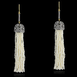 Diamond 18k Gold Sterling Silver Beaded Tassel Earrings Pearl Jewelry