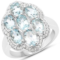 3.09 Carat Genuine Aquamarine and White Zircon .925 Sterling Silver Ring