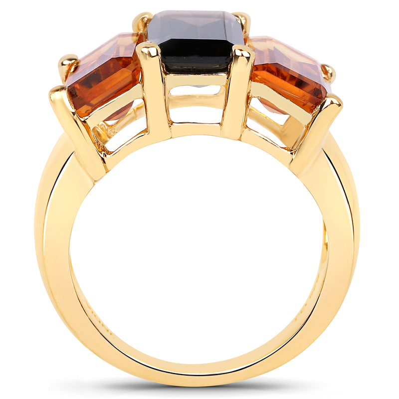 14K Yellow Gold Plated 8.14 Carat Genuine Smoky Quartz, Citrine and Champagne Quartz .925 Sterling Silver Ring