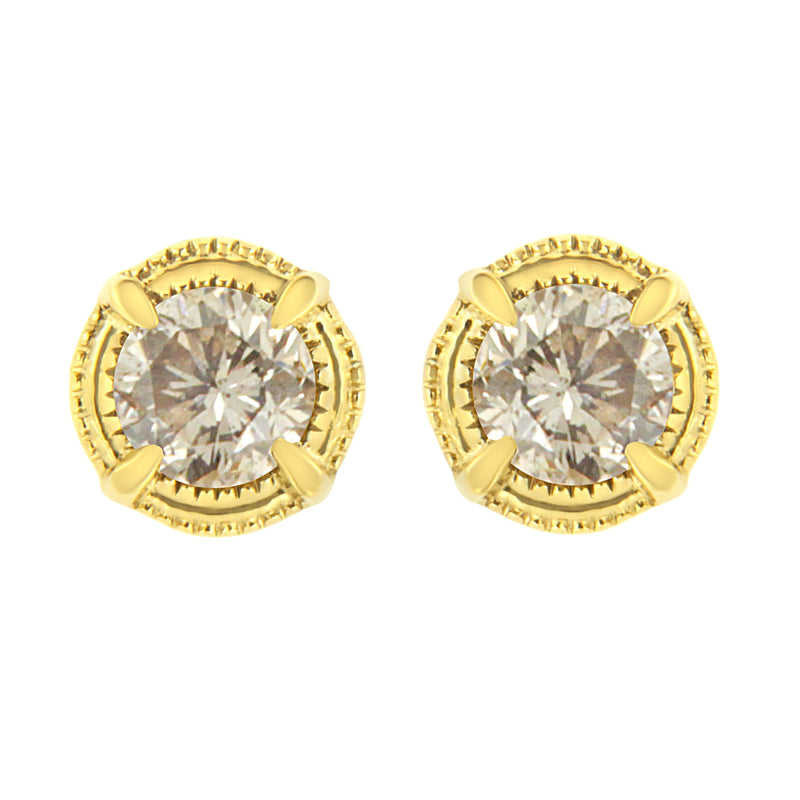 14K Yellow Gold Plated .925 Sterling Silver 1/2 Cttw Round Brilliant Cut Diamond Solitaire Milgrain Stud Earrings (K-L Color, I2-I3 Clarity)