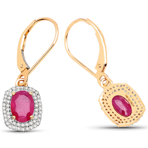 2.26 Carat Genuine Ruby and White Diamond 14K Yellow Gold Earrings