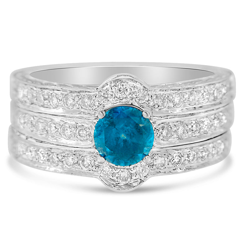 14k White Gold 1 3/8ct TDW Treated Blue Round Diamond 3 Piece Engagement Ring Set(H-I SI1-SI2)