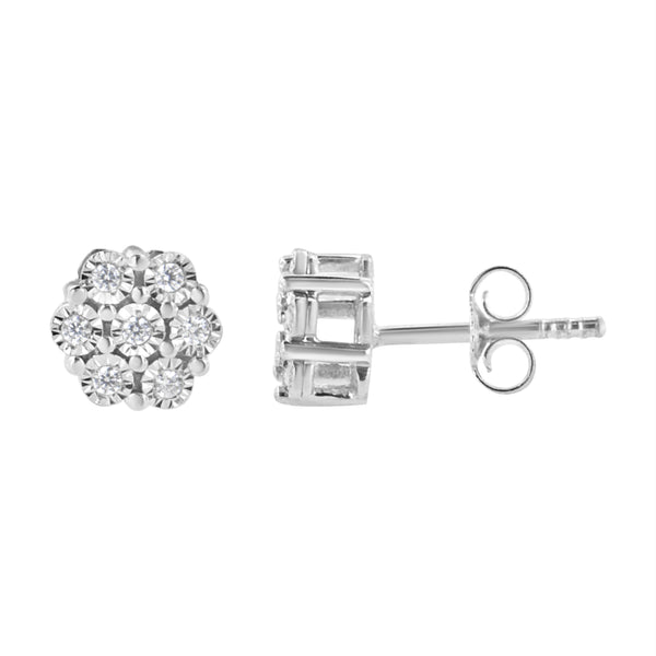 .925 Sterling Silver 1/10 Cttw Round-Cut Diamond Miracle-Set Floral Cluster Button Stud Earrings (I-J Color, I2-I3 Clarity)