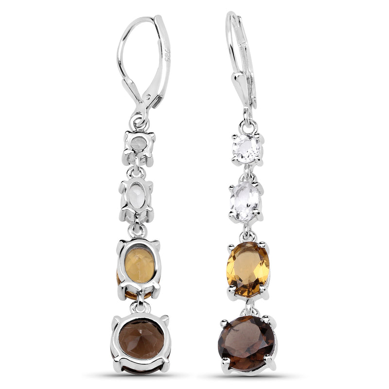 6.28 Carat Genuine Crystal Quartz, Champagne Quartz and Smoky Quartz .925 Sterling Silver Earrings