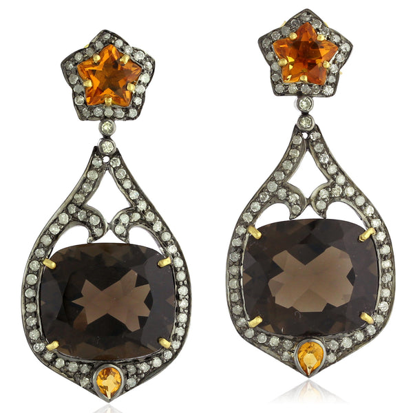 Pave Diamond Quartz Citrine Dangle Earrings Gold Sterling Silver Jewelry