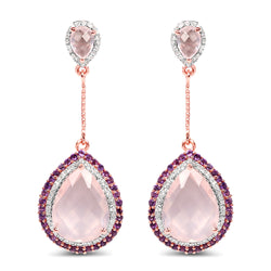 14K Rose Gold Plated 15.20 Carat Genuine Rose Quartz, Amethyst and White Topaz .925 Sterling Silver Earrings