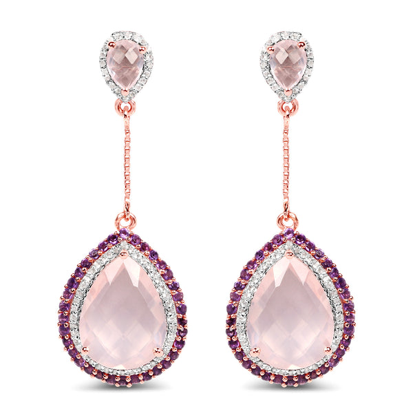 14K Rose Gold Plated 15.20 Carat Genuine Rose Quartz, Amethyst and White Topaz .925 Sterling Silver Earrings