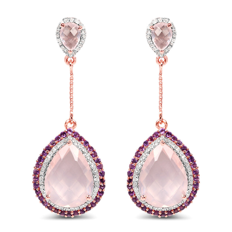 14K Rose Gold Plated 15.20 Carat Genuine Rose Quartz, Amethyst and White Topaz .925 Sterling Silver Earrings