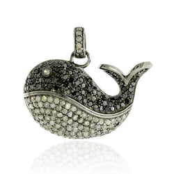 2.30ct Pave Black & White Diamond Fish Pendant 925 Sterling Silver Jewelry