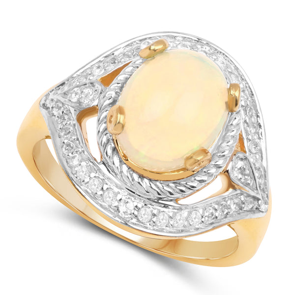 14K Yellow Gold Plated 1.88 Carat Genuine Ethiopian Opal and White Topaz .925 Sterling Silver Ring