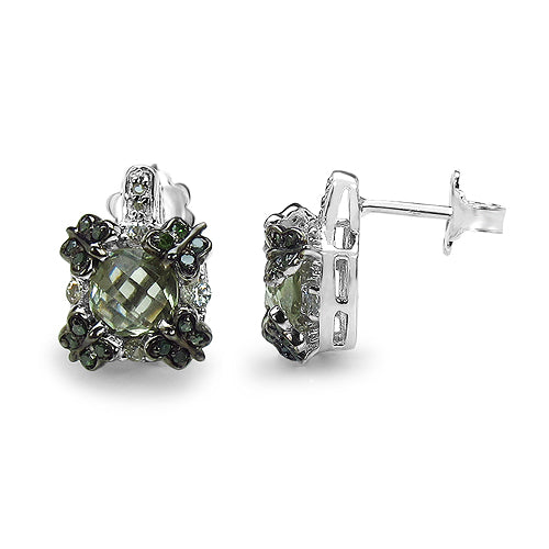 2.91 Carat Genuine Green Amethyst, White Sapphire & Green Diamond .925 Sterling Silver Earrings