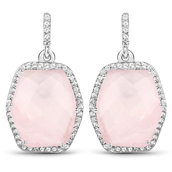 14.65 Carat Genuine Rose Quartz and White Topaz .925 Sterling Silver Earrings