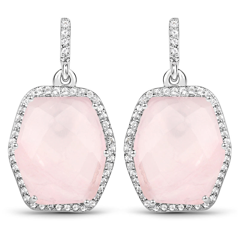 14.65 Carat Genuine Rose Quartz and White Topaz .925 Sterling Silver Earrings